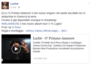Il post di Luchè su facebook per promuovere ''O'Primo Ammore''.